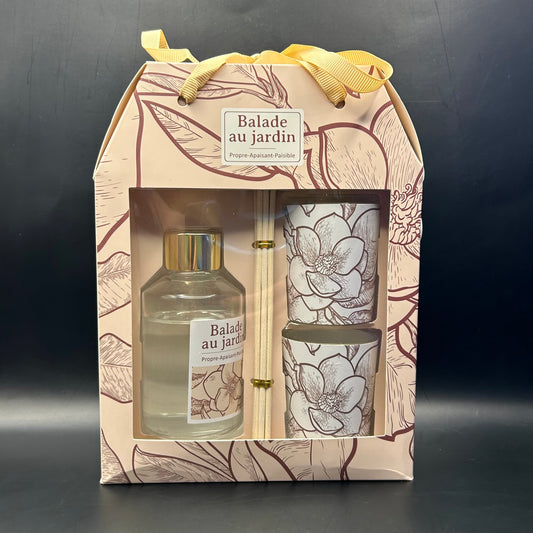 Coffret cadeau « Balade au Jardin » - diffuseur de parfum à bâtonnets et deux bougies parfumées.